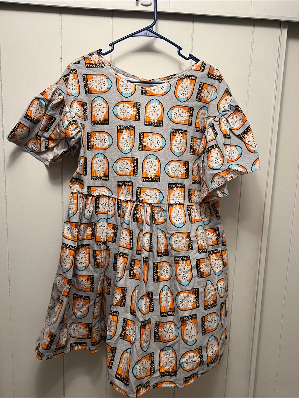 Novelty millennium falcon Print Puff Sleeve Dress - Orange & gray large handmade